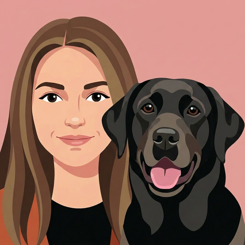 Vector portrait of the same owner with her dog in our signature style