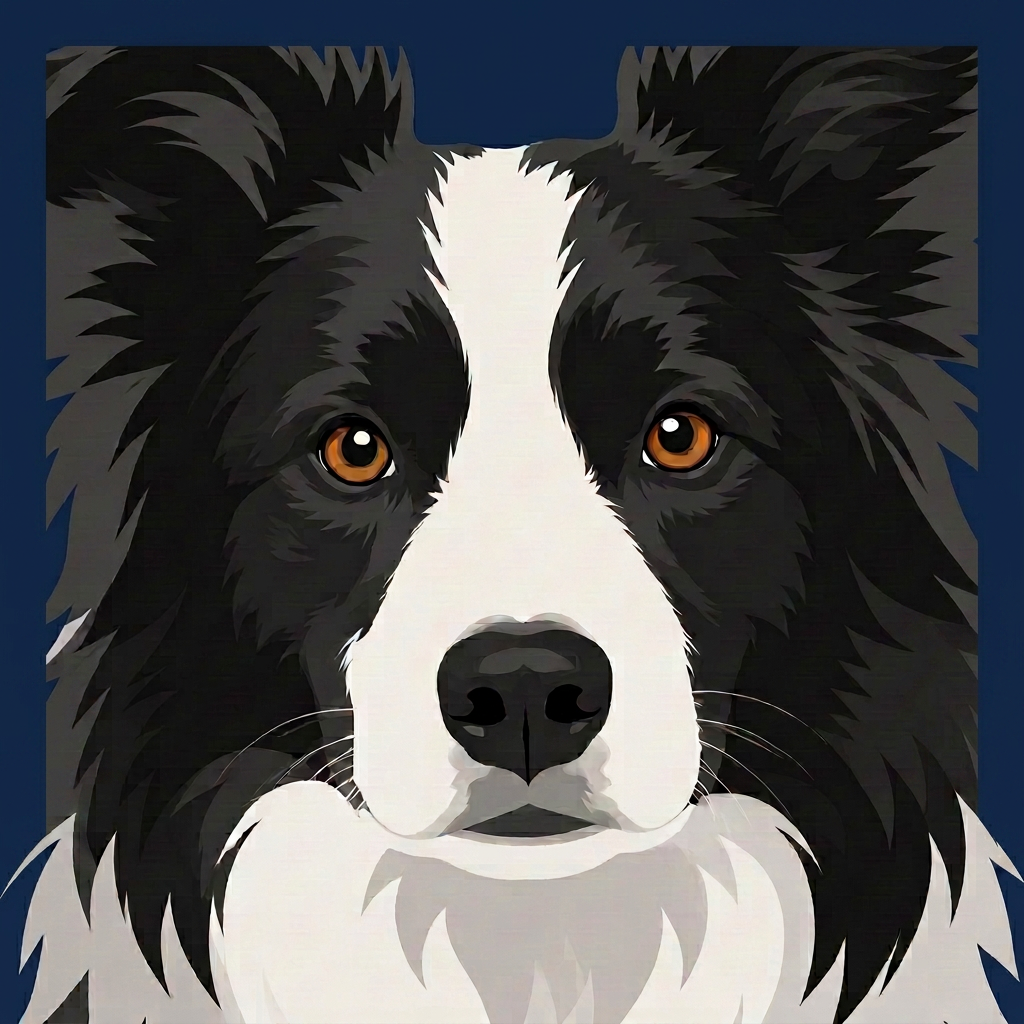 Flat illustration portrait of a black and white border collie