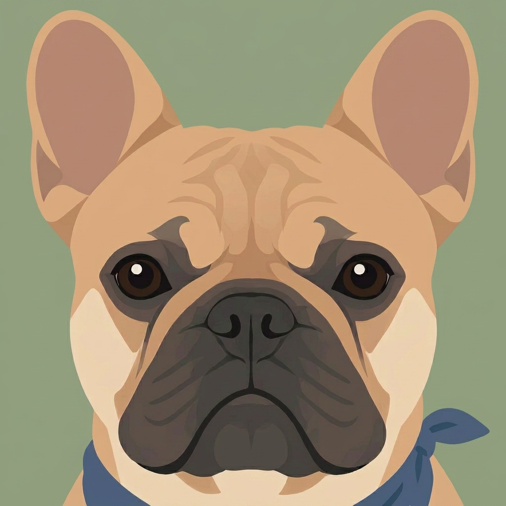 Flat illustration portrait of a French bulldog in a blue bandana