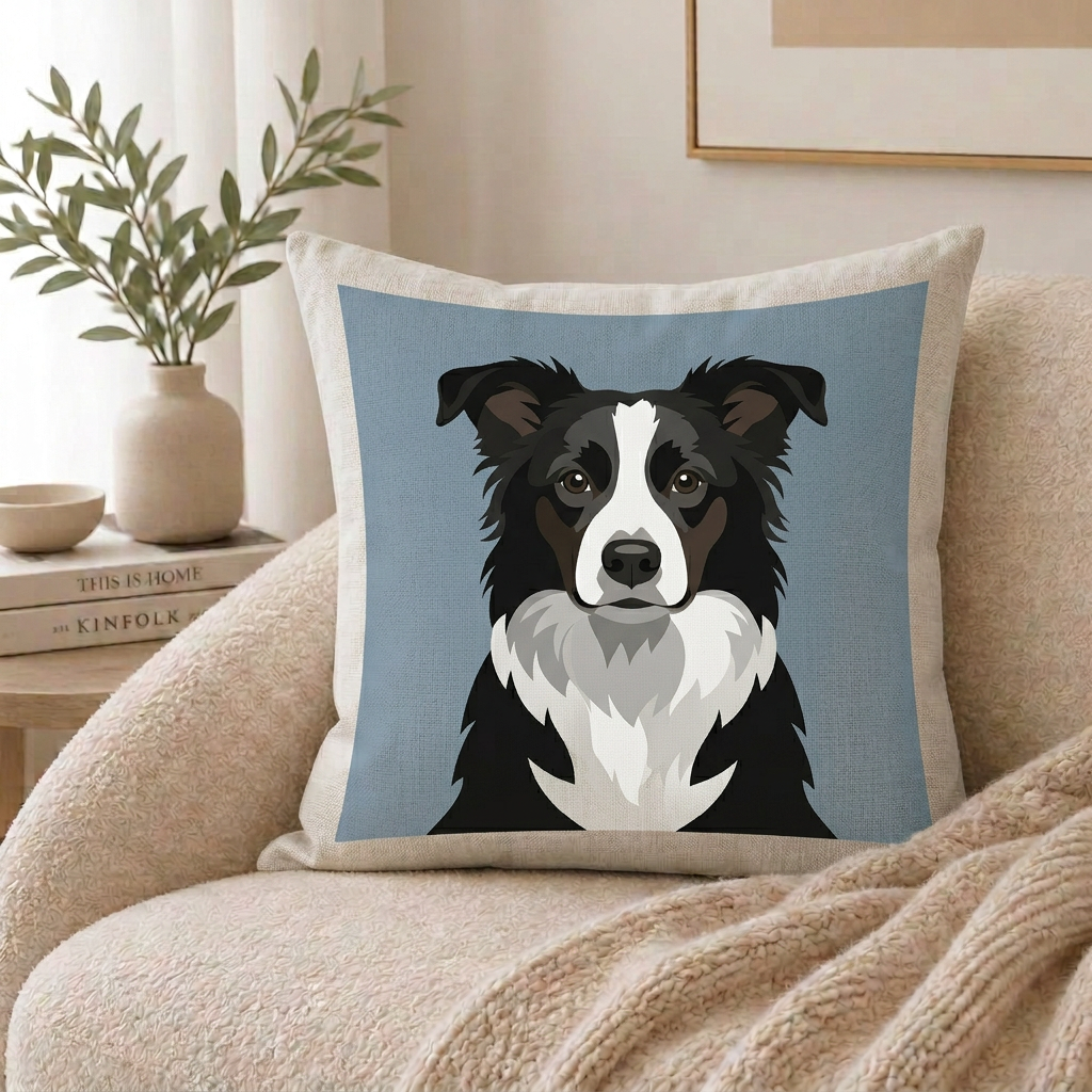 Throw pillow printed with a border collie portrait resting on a cream sofa